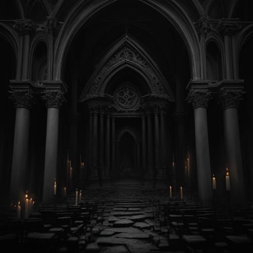 Ominous Abaddonist Figure in Ruined Cathedral as Oil Paintin...