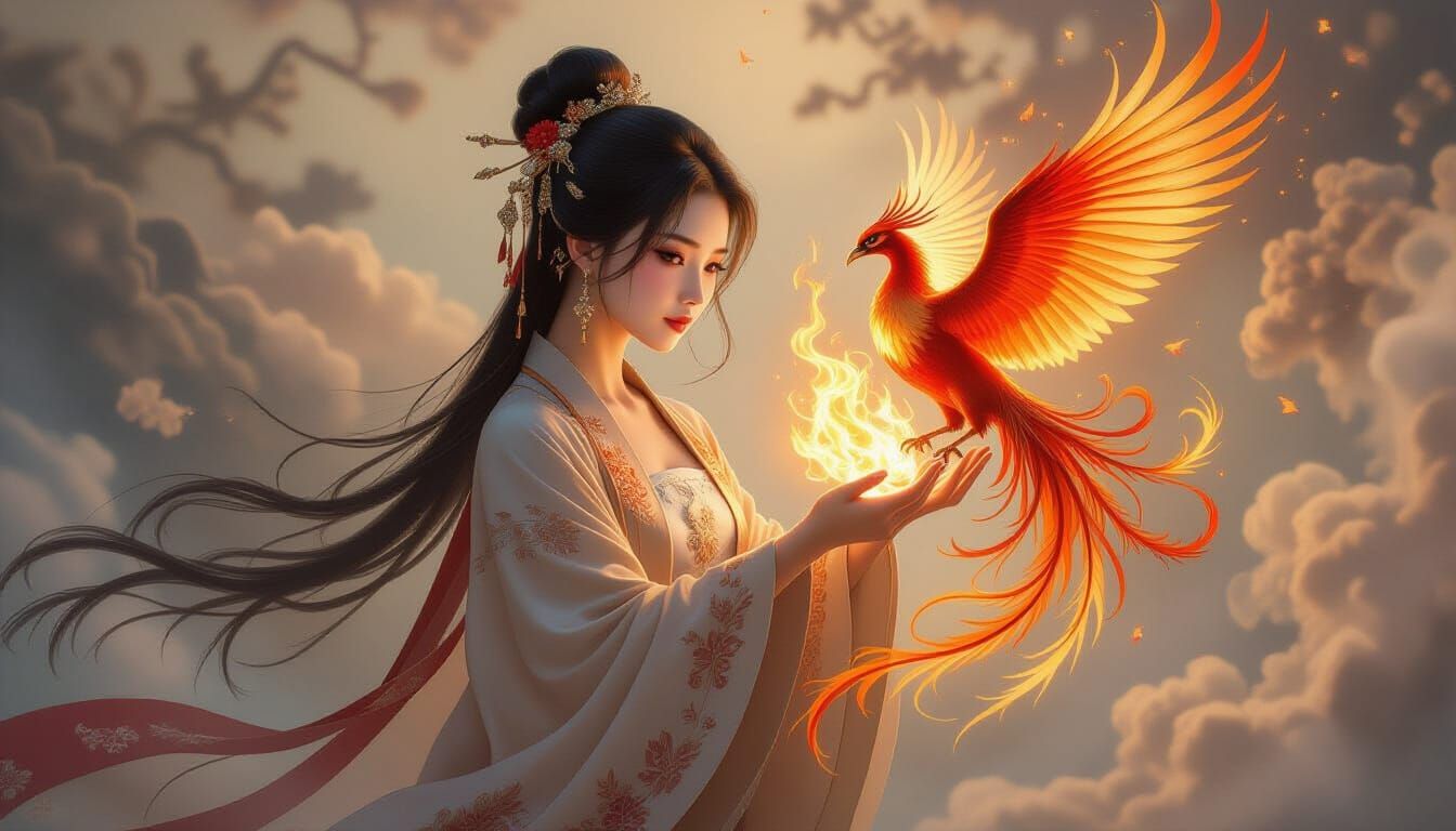 Chinese Woman with Burning Phoenix in Kinkade Style