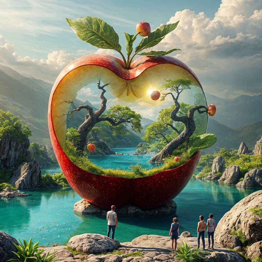 Surreal Digital Artwork: Heavenly Landscape in a Halved Appl...