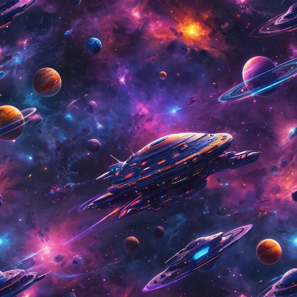 Colorful Galaxy with Spaceships in Fantasy Concept Art