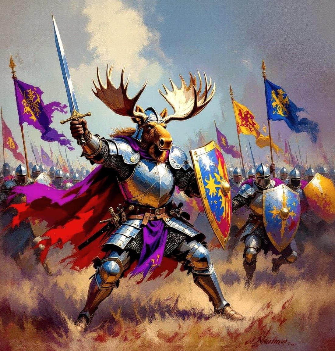 Armored Moose-Man Knight in Medieval Battle Scene