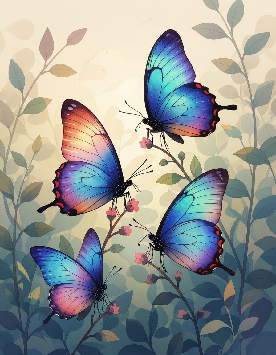 Iridescent Butterflies on Branches in Watercolor