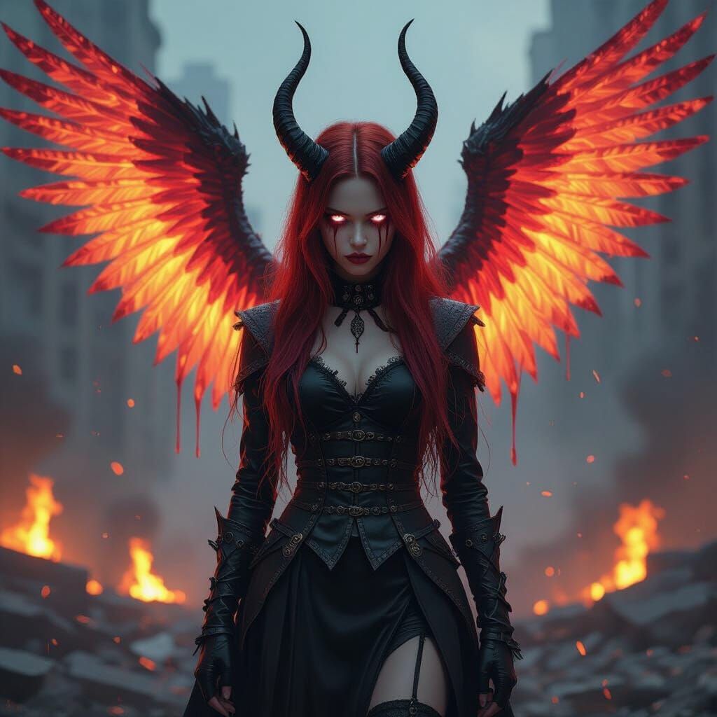 Teenage Demon Girl Amidst Burning Cityscape