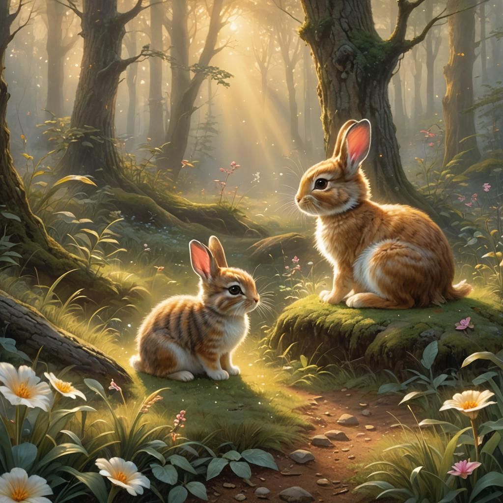 Enchanted Forest: Bunny and Cat in Golden Light