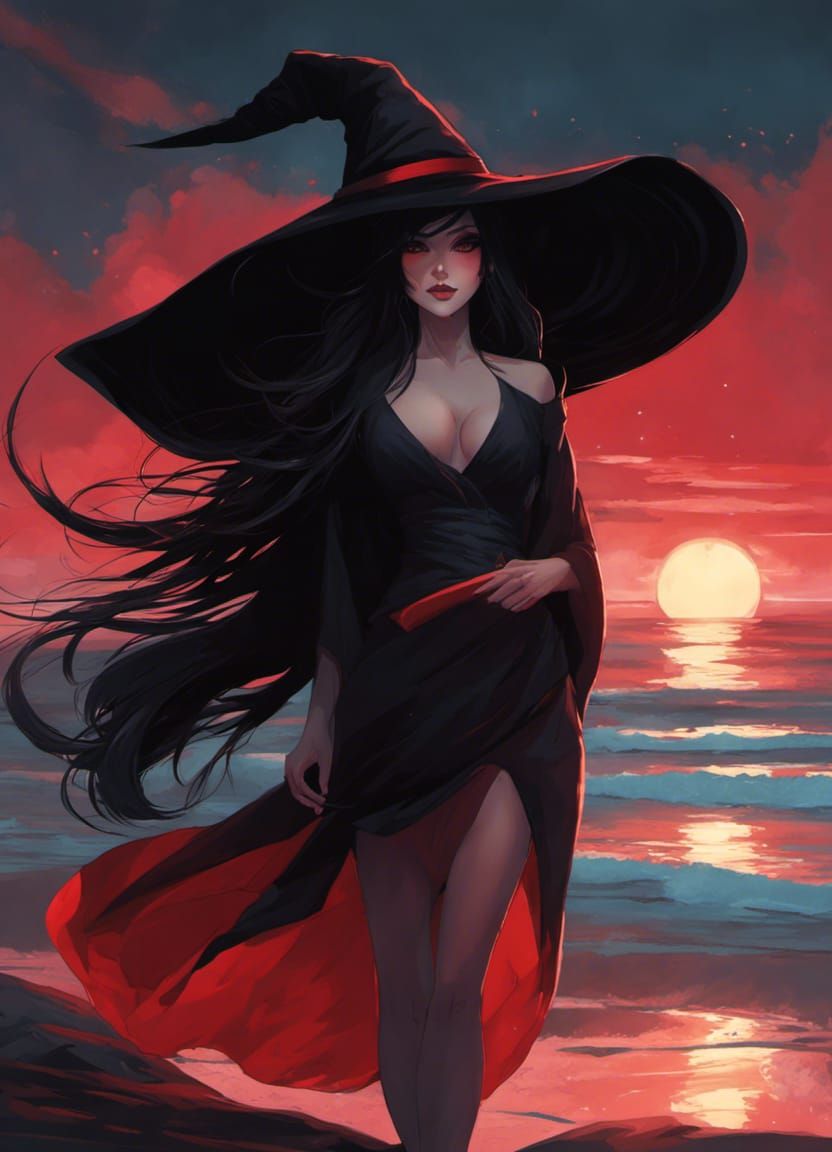 Noir Witch on Moonlit Beach in Gothic Style