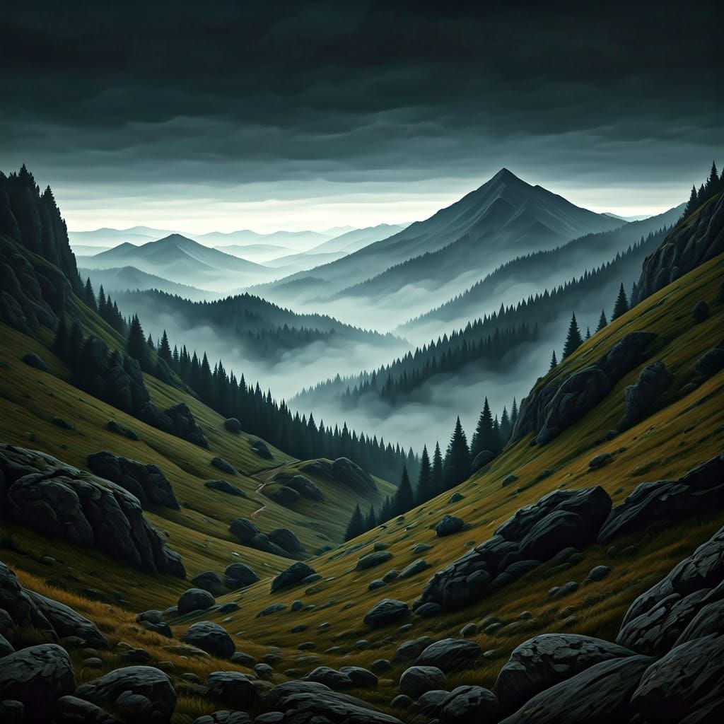 Misty, Moody Landscape in Dark Colors