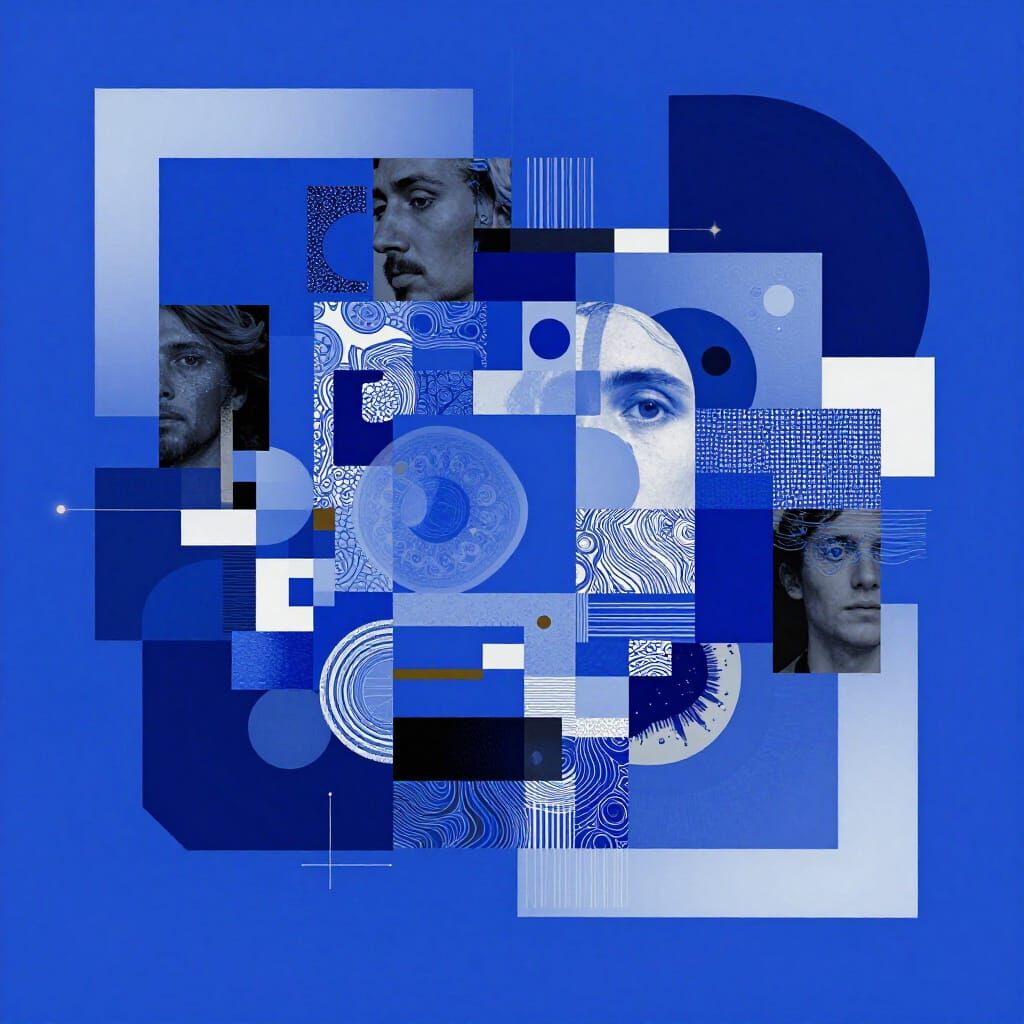 Vibrant Digital Collage Art in Shades of Blue