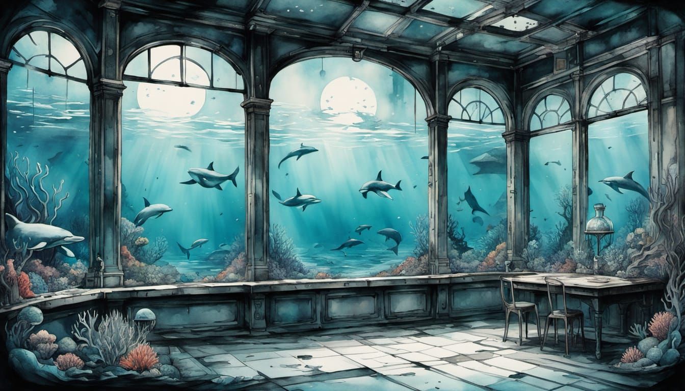 Futuristic Mermaid with Dolphins: Ink and Watercolor Art