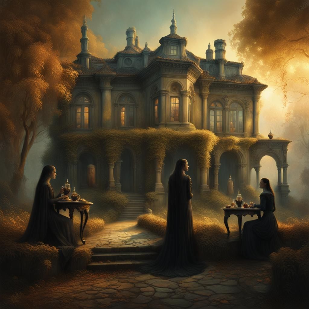 Gothic Goddesses in Villa Garden, Beksiński Style