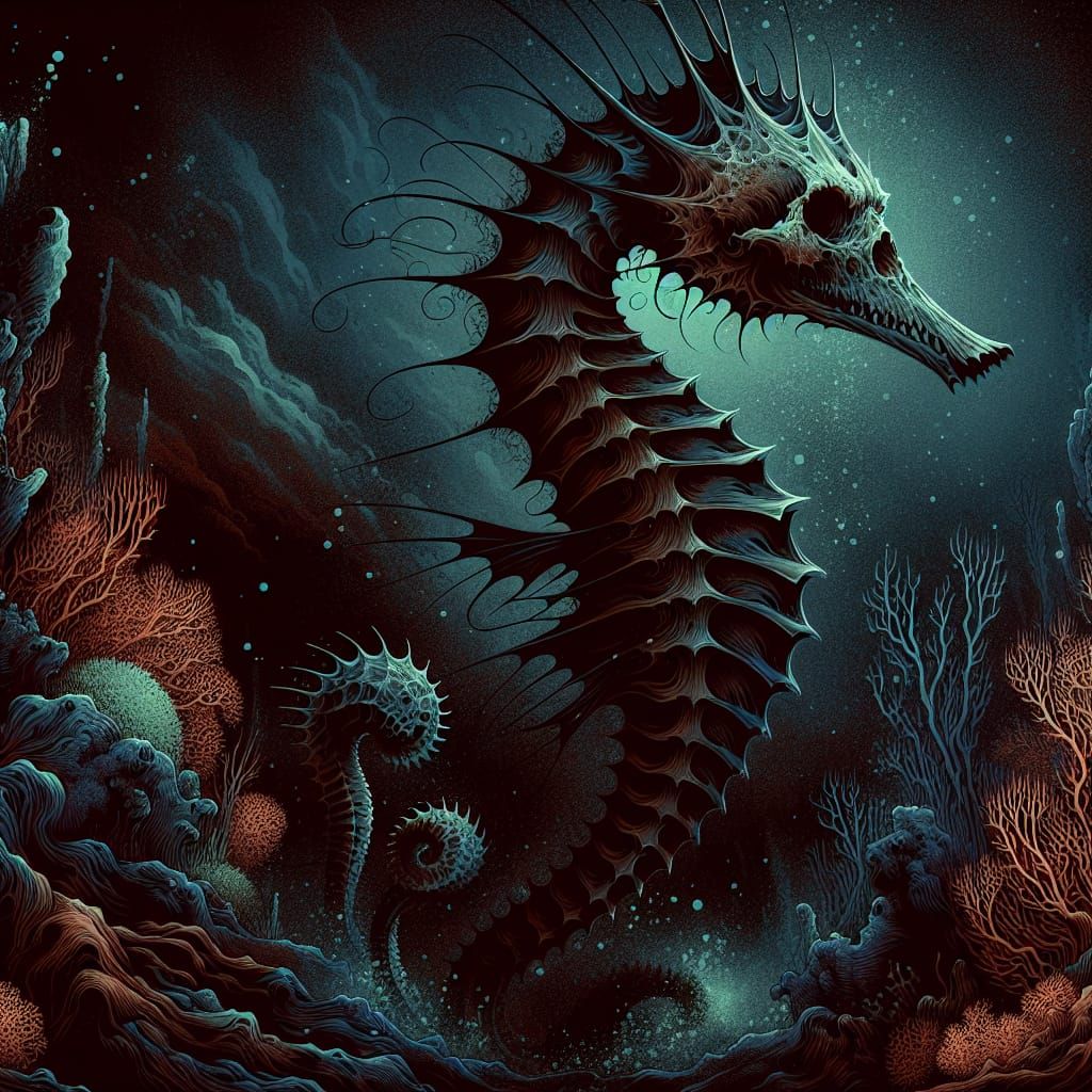 Eerie Seahorse in Dark Coral Reef, Woodblock Print