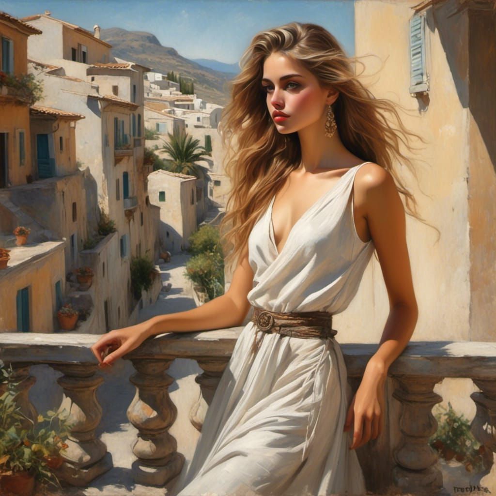 Woman on Balcony in Greece: Hyperrealistic Chalk Art