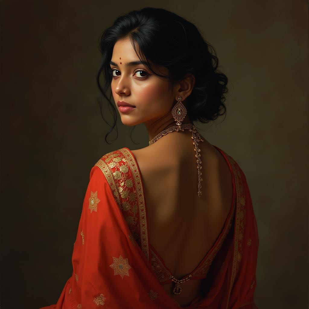 Indian Mother in Elegant Sari, Inspired by Raja Ravi Varma