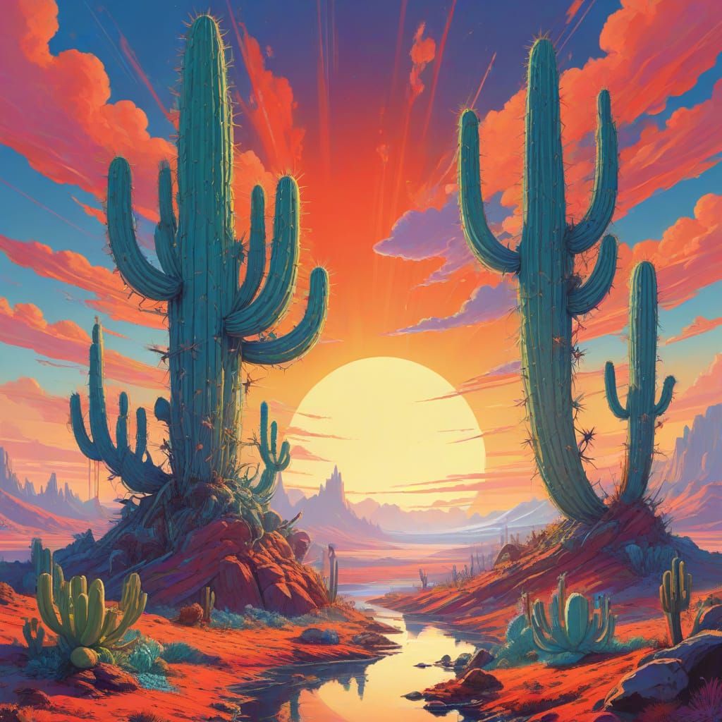 Crystalline Cacti in Aetherpunk Sky: Surreal Landscape