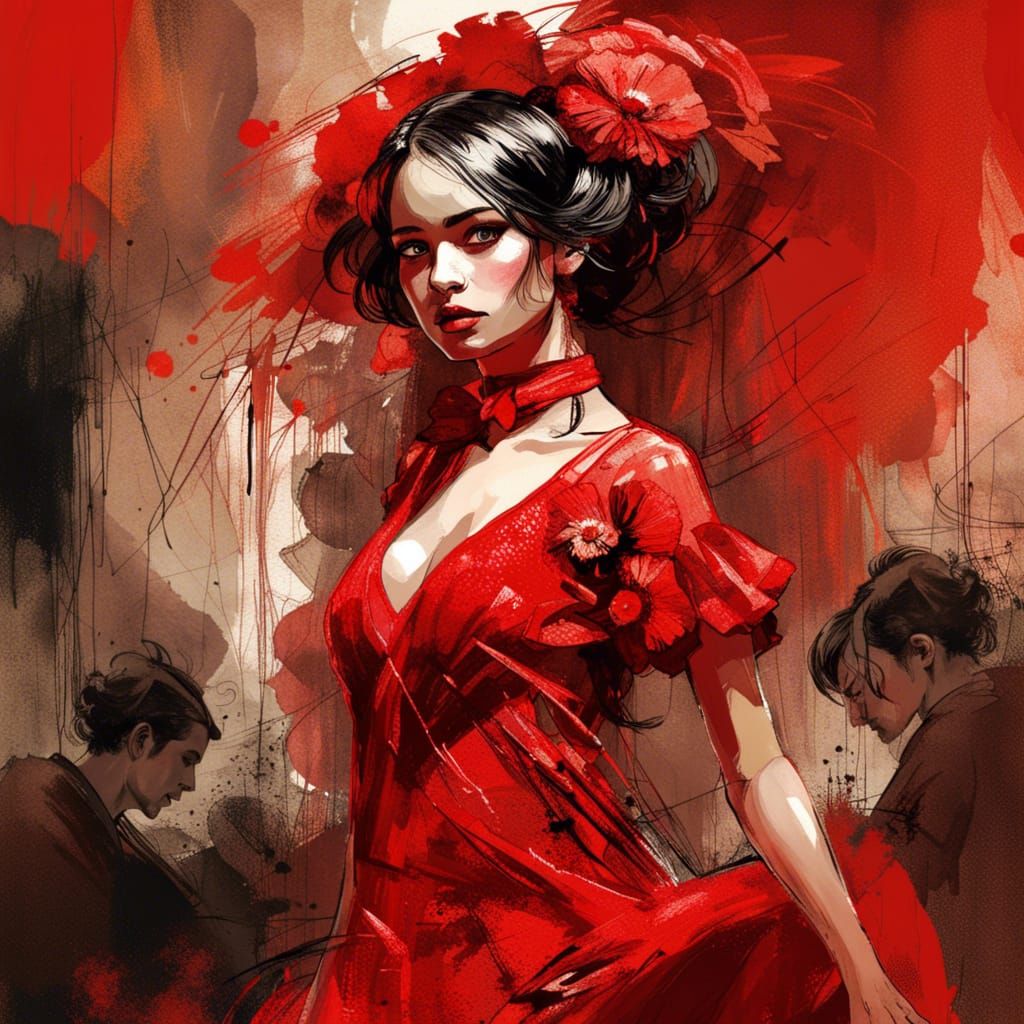 Flamenco Dancer in Red: Detailed Digital Art