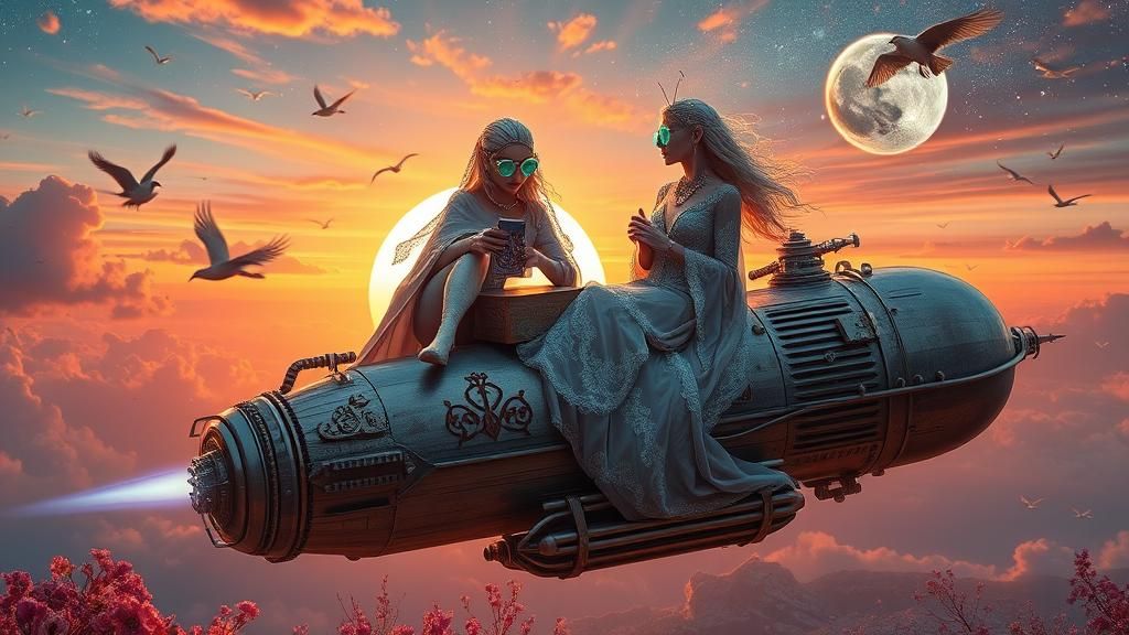 Surreal Steampunk Galaxy with Woman in Gown