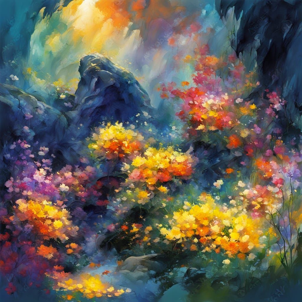 Mystical Cave Flowers: Abstract Impressionism