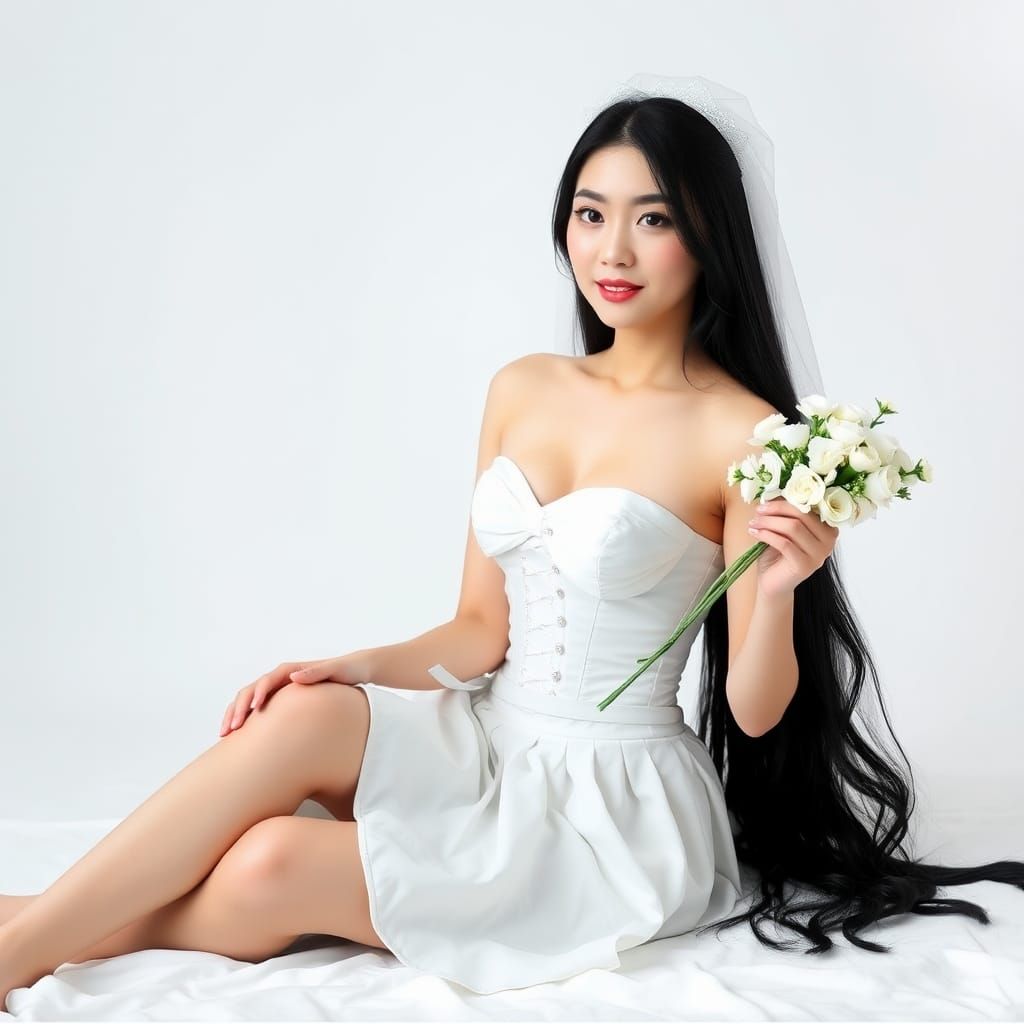 Elegant Chinese Woman in White Holding Flowers