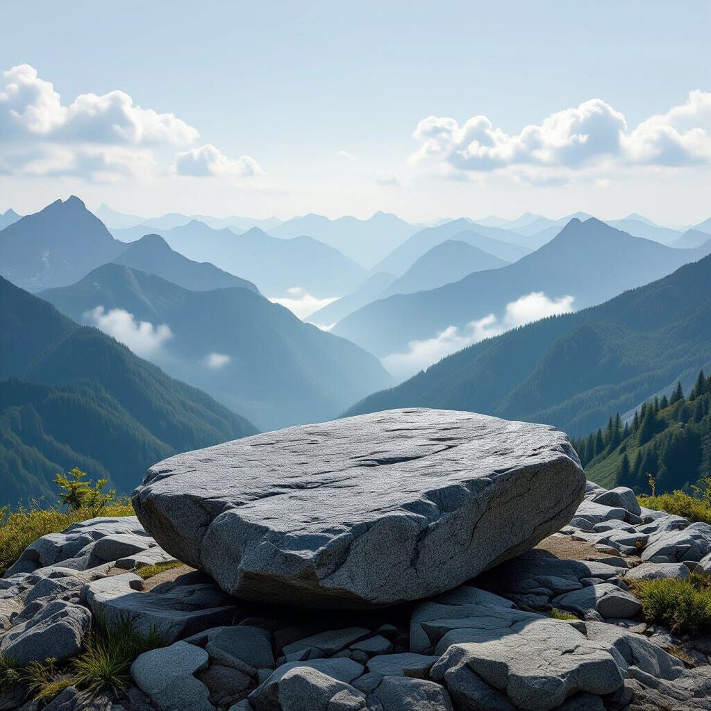 Serene Stone Slab on Mountain Peak in Ethereal Light