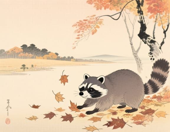Adorable Raccoon in Autumn Leaves, Ukiyo-e Style