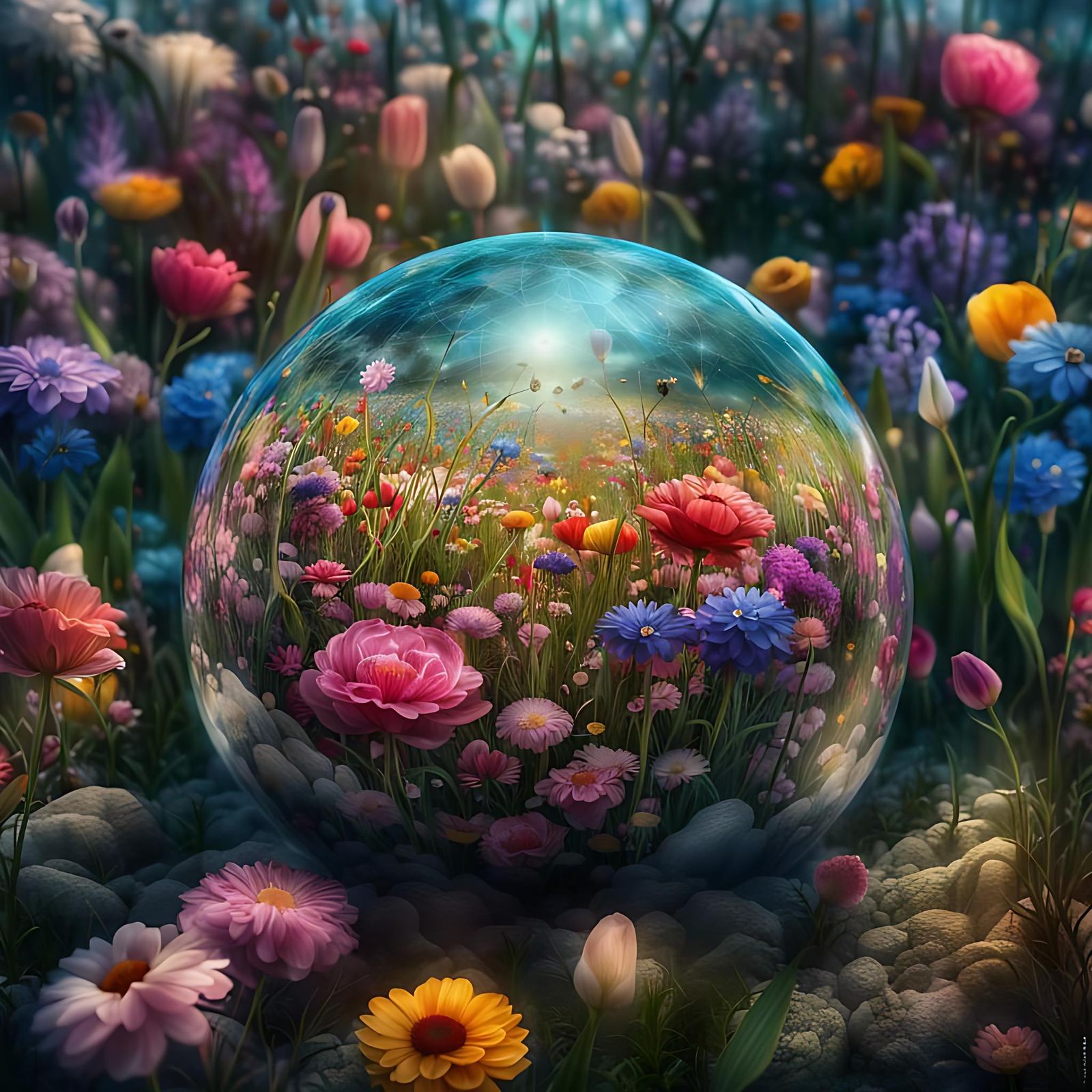 Spring Flowers in Glass Sphere: Detailed Digital Painting