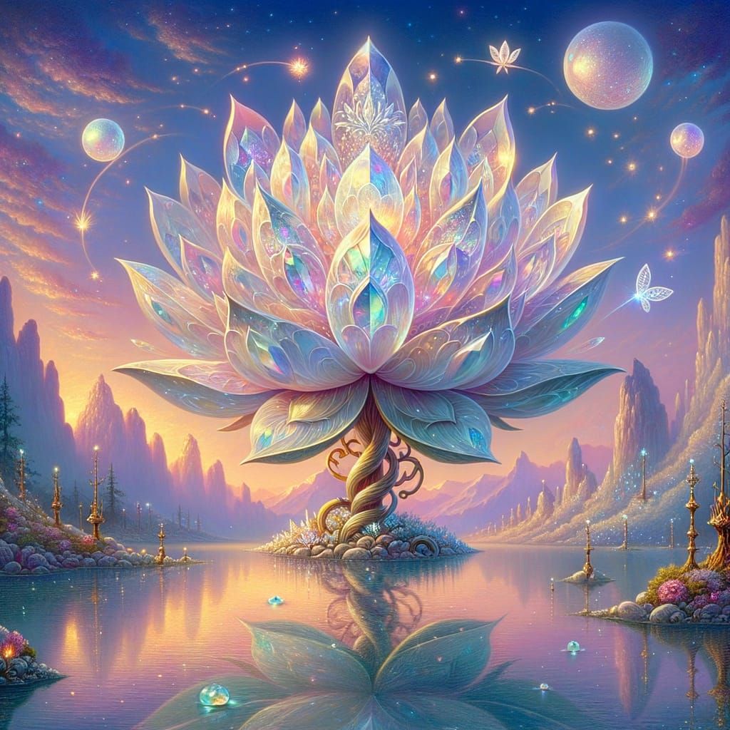 Crystal Lotus on Lake in Fantasy Painting Style