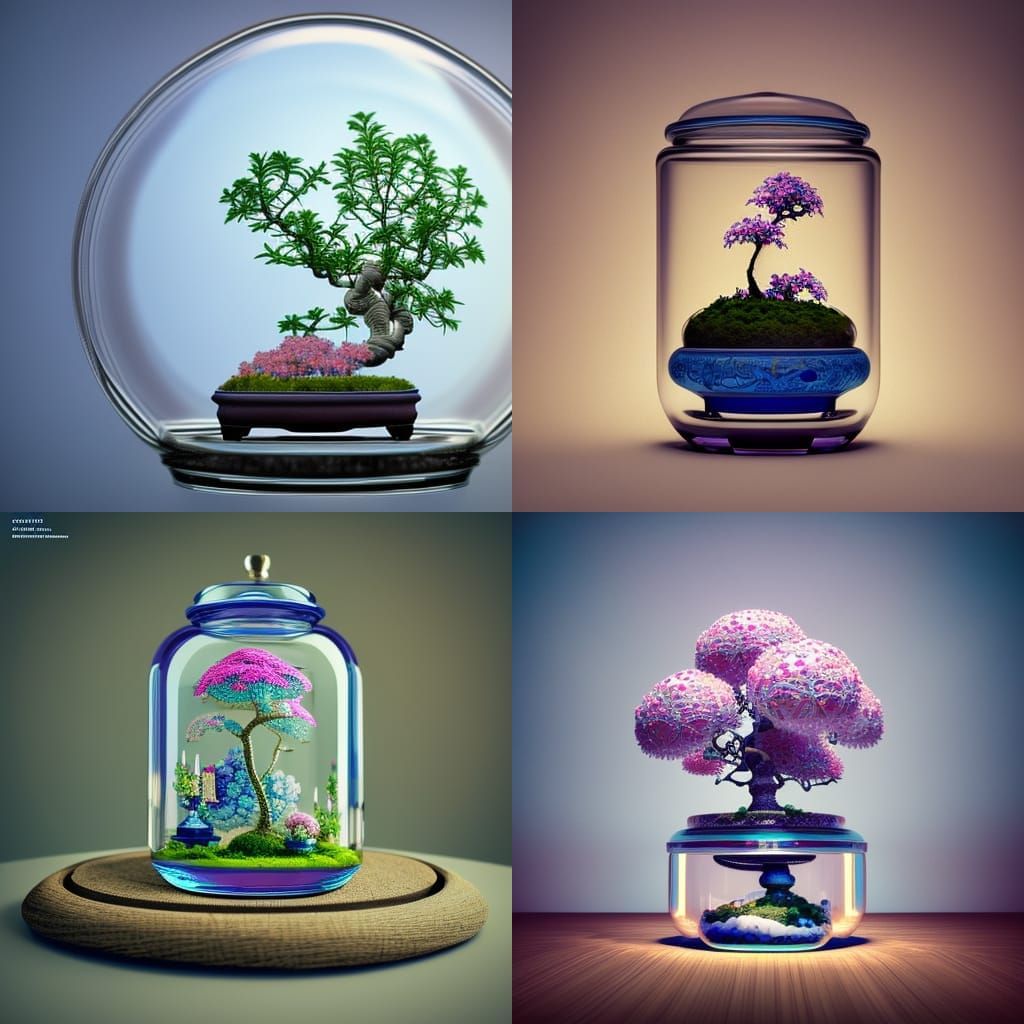 Train in a Jar with Blue and Pink Bonsai