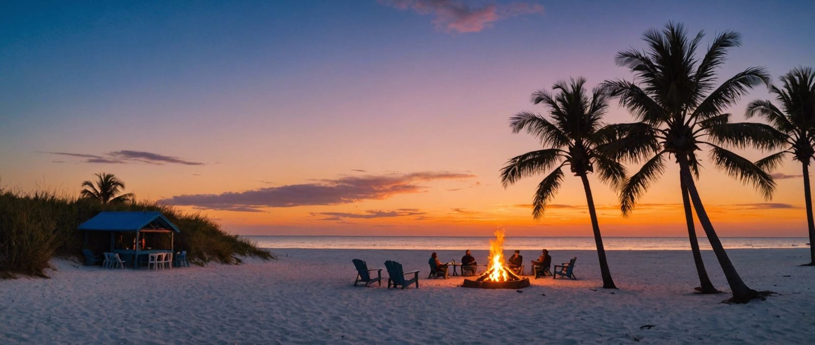Bonfire at Sunset on Tropical Beach with Blue Bar