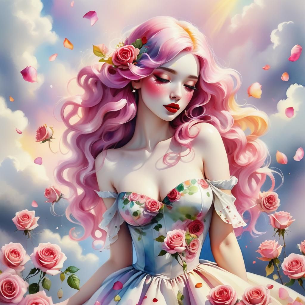 Rose Adorned Girl in Watercolour Style