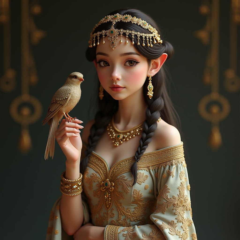 A young woman wearing an ancient-style dress with an elaborate golden headdress