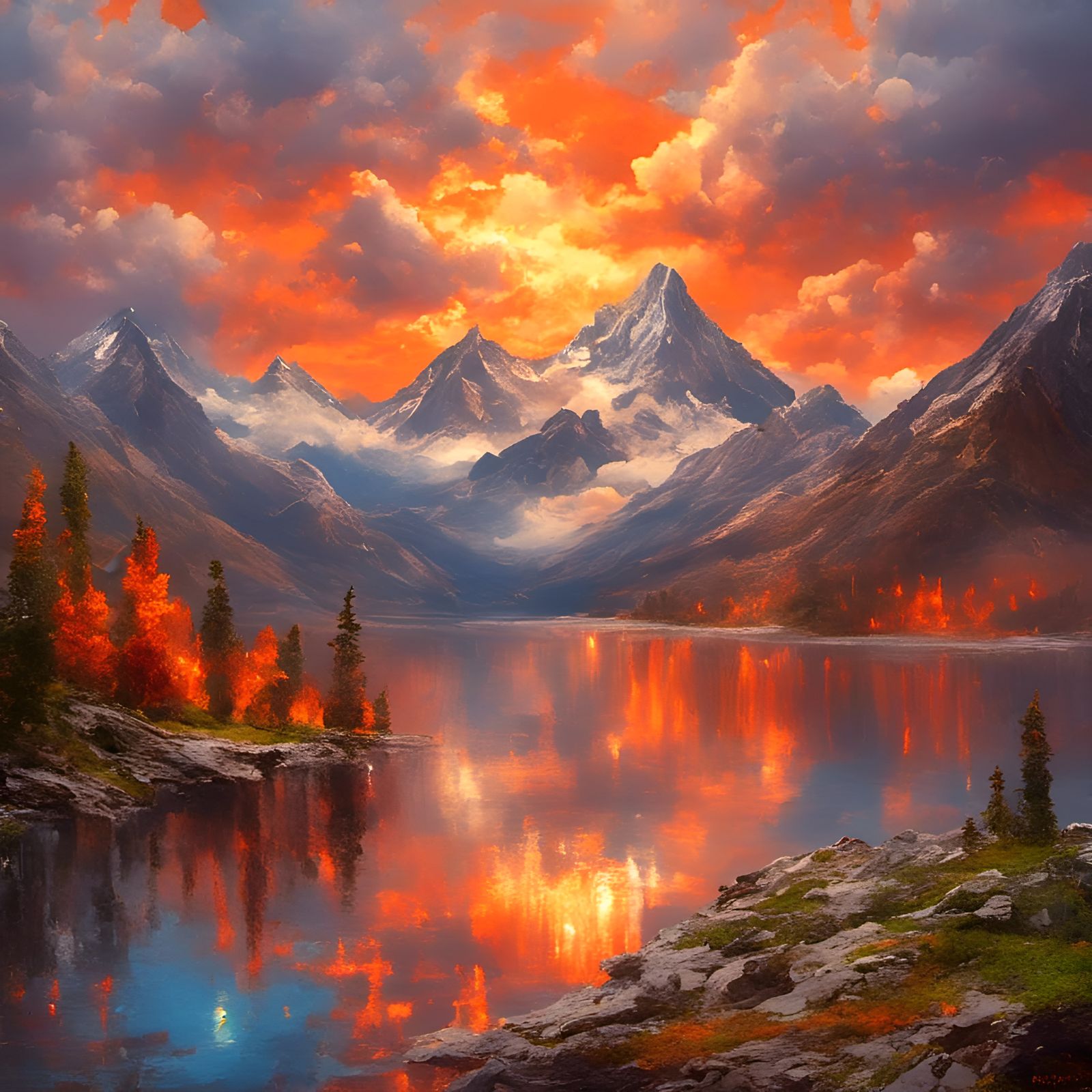 Fiery Mountain Lake Reflecting Sunset
