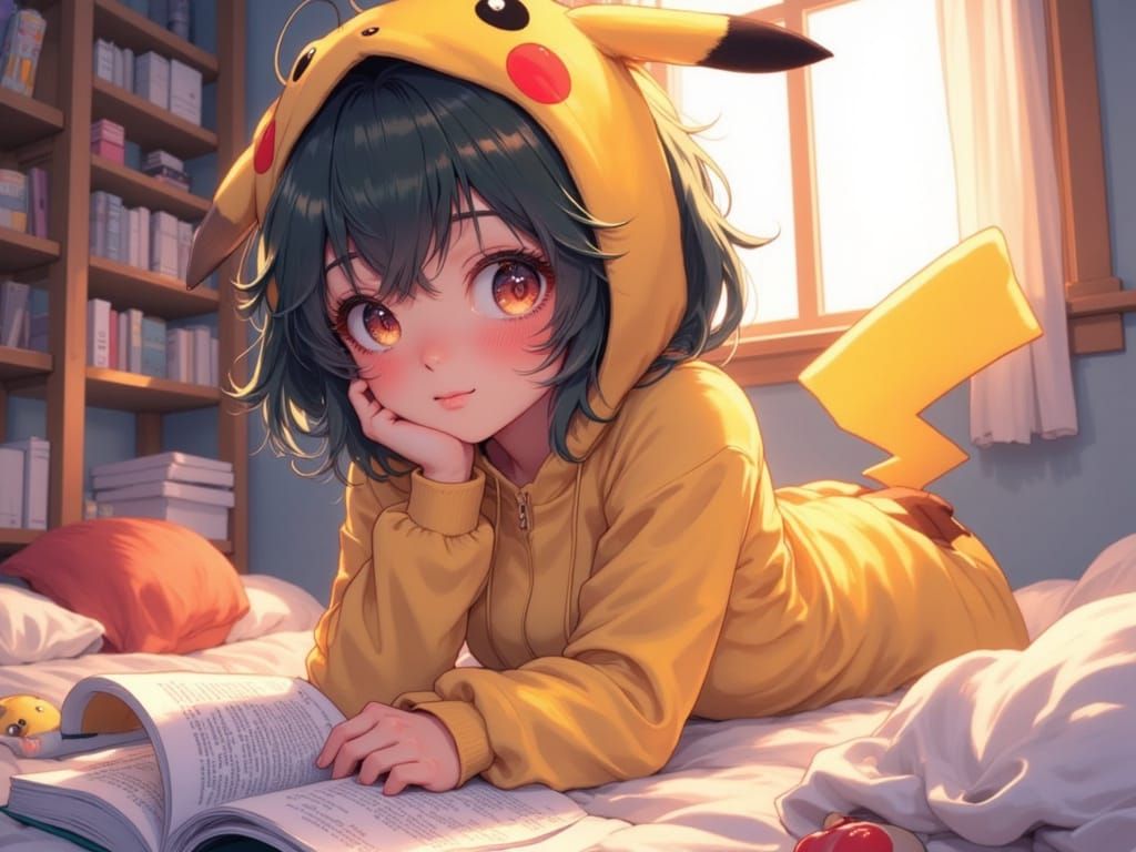 Surreal Anime Girl Reads Manga in Pikachu Onesie in a Whimsi...