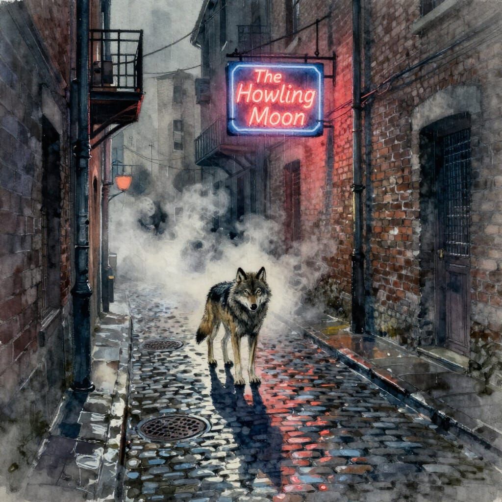 Lone Wolf on Neon-Lit Street in Expressive Watercolor