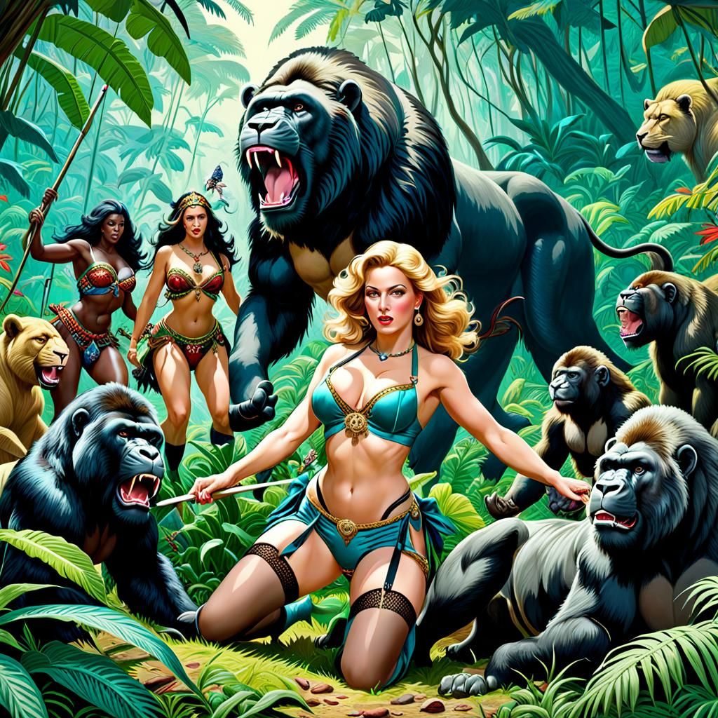 Battle in Amazon jungle with lions, gorillas, women wearing stockings