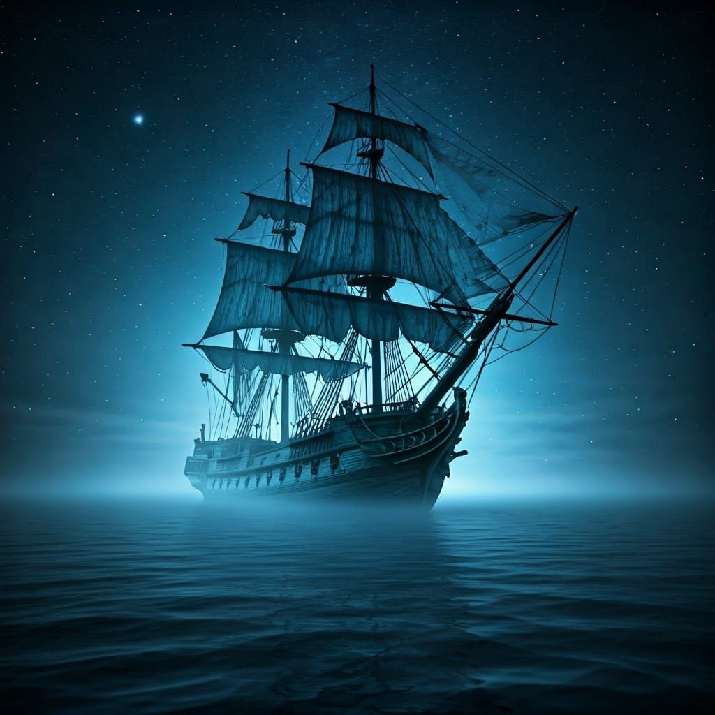 Ghostly Pirate Ship in Ethereal Blue Mist