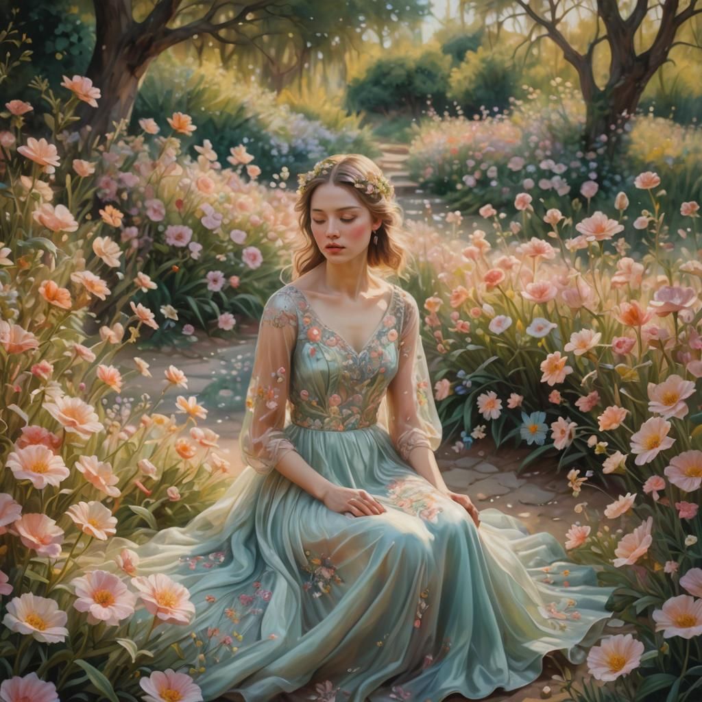 Ethereal Woman in Surreal Pastel Flower Garden