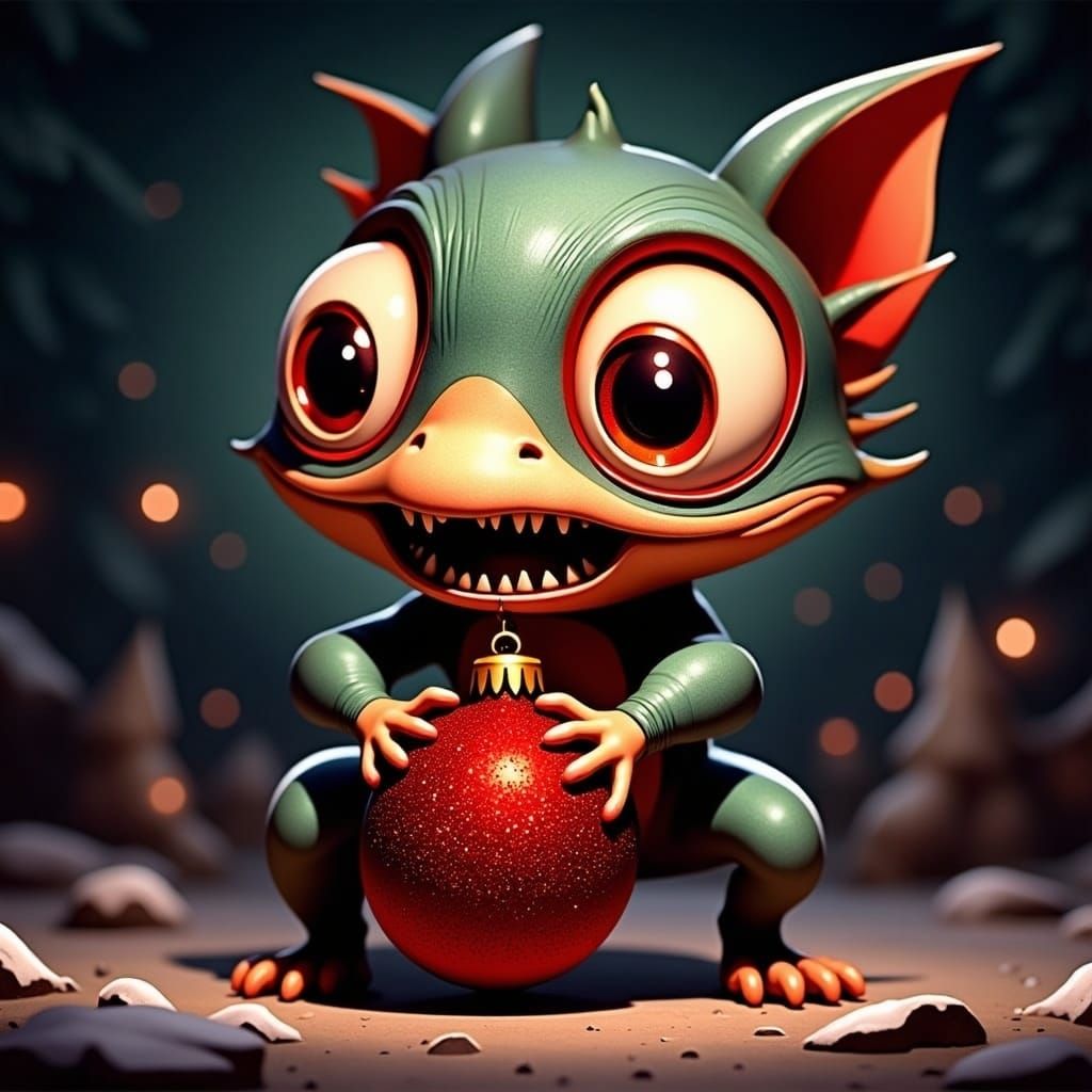 Whimsical Creature with Holiday Ornament Close-Up