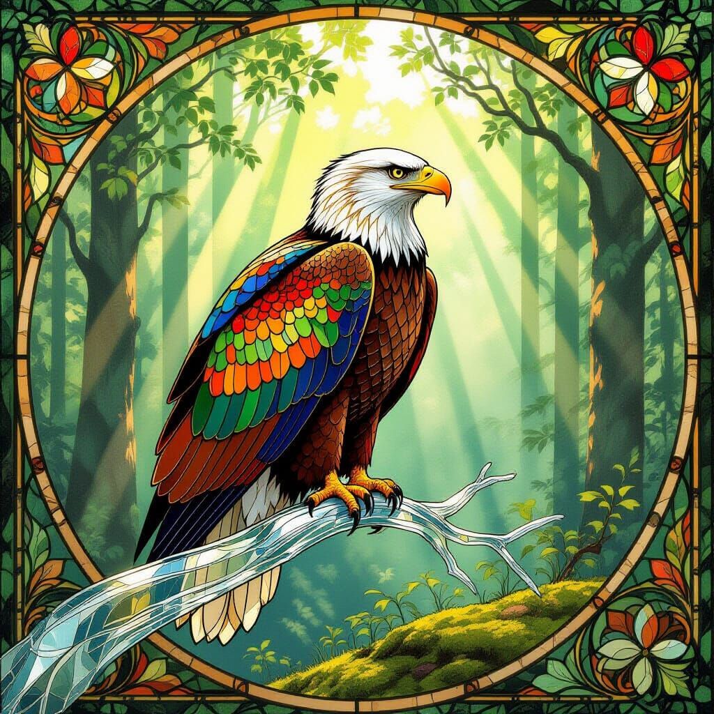 Majestic Eagle with Stained Glass Feathers in Art Nouveau St...