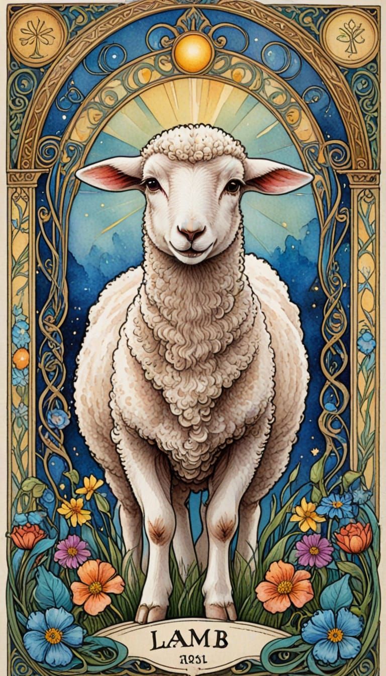 Art Nouveau Lamb on a Tarot Card in Vibrant Watercolor