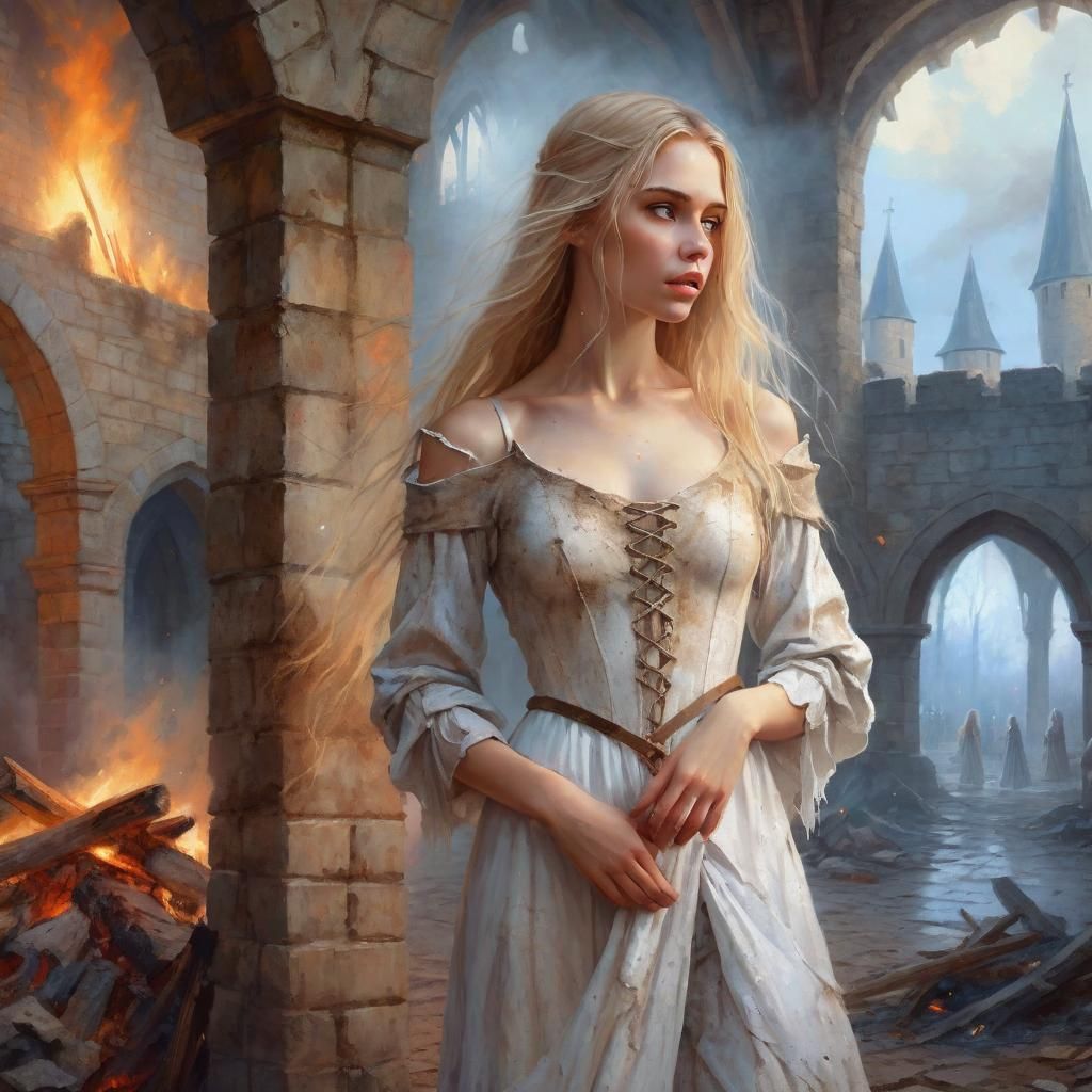 Scary Young Beautiful Women standing in medieval dirty torn Clothes in a medieval Fantasy World