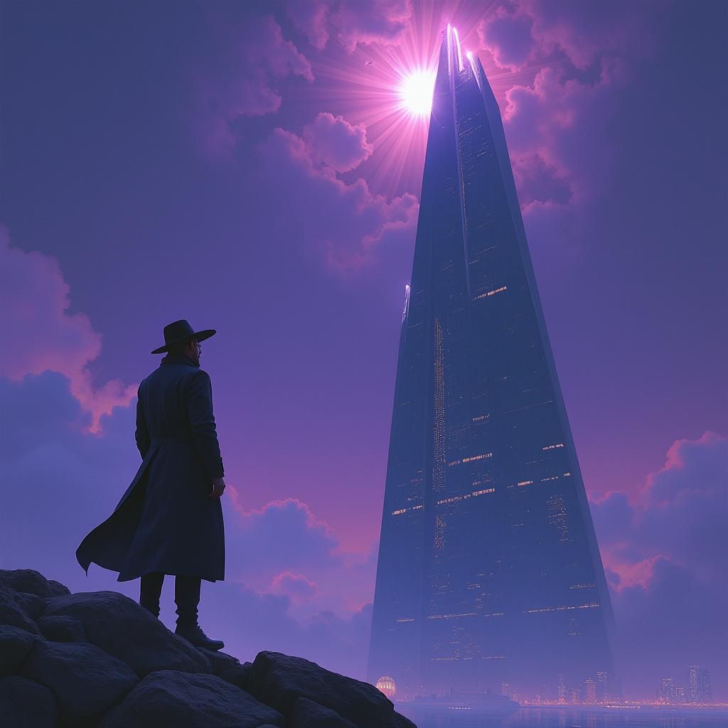 Man Gazing at Futuristic Skyscraper at Dusk
