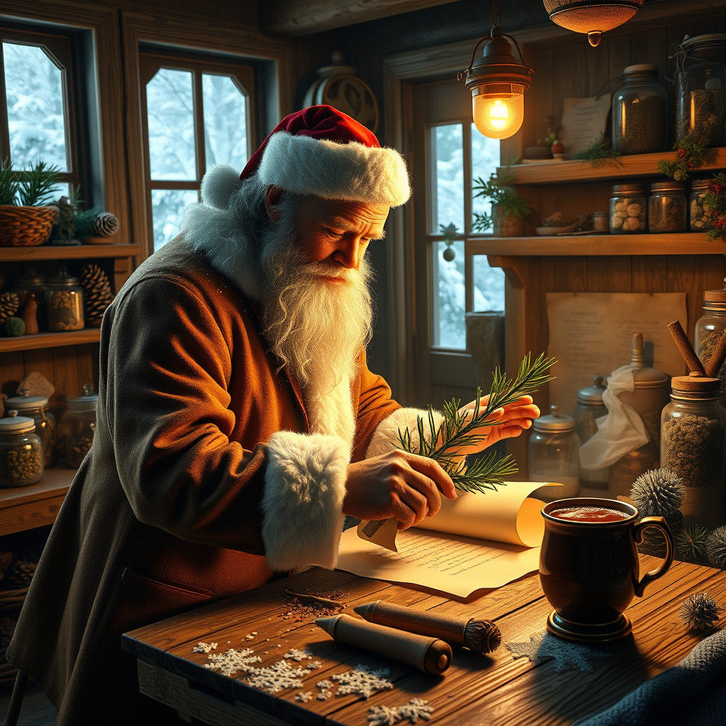 Santa Claus Herbarium in Cozy Workshop