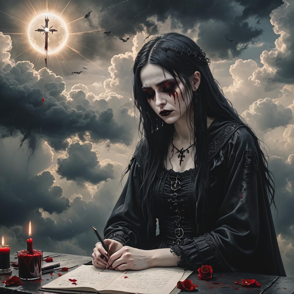 Goth Girl Cries Tears of Blood in Soft Focus Holy Light