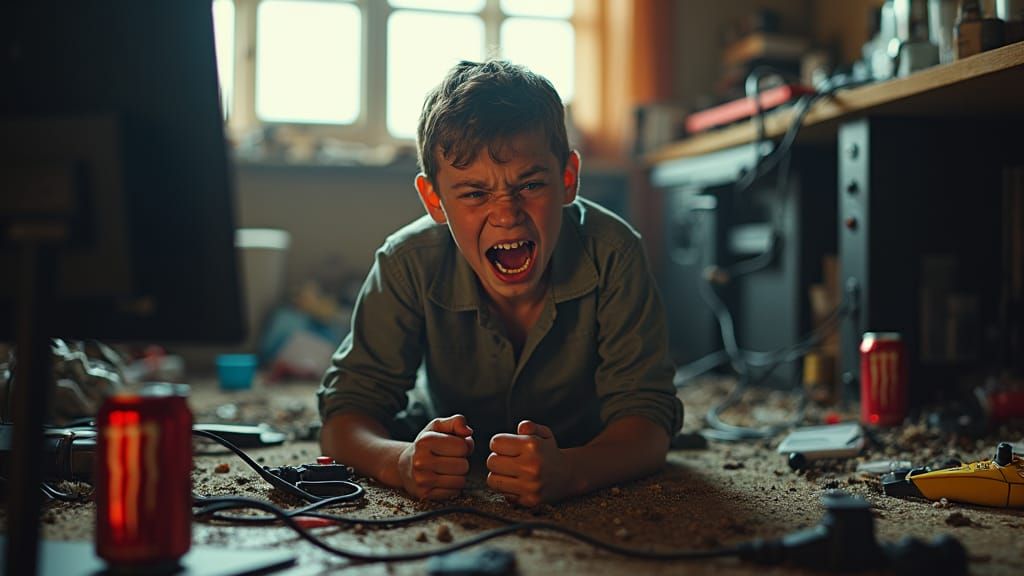 Furious Boy Screaming at Gaming Setup: Photorealistic Image