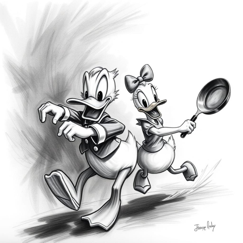 Donald Duck Chased by Daisy in Charcoal Drawing