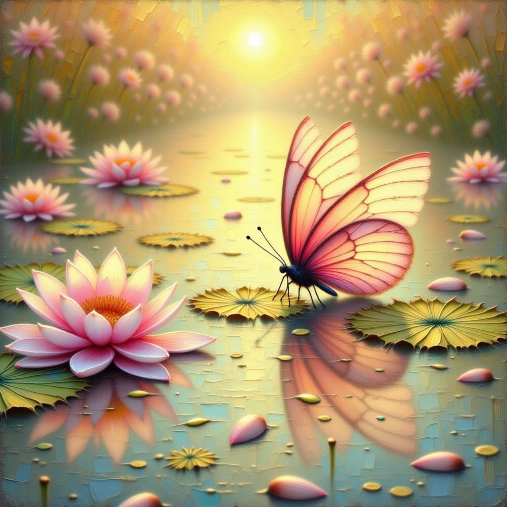 <lora:Encaustic Impasto:1.0>  butterfly and pink lilies refl...