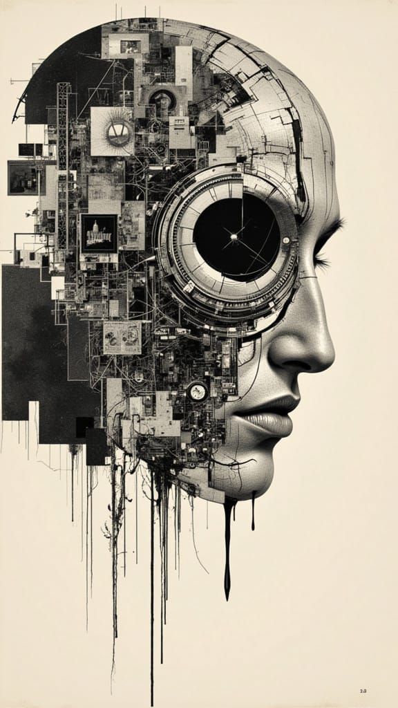 Surrealist Atomic Age Portrait as Cracked Mechanical Head