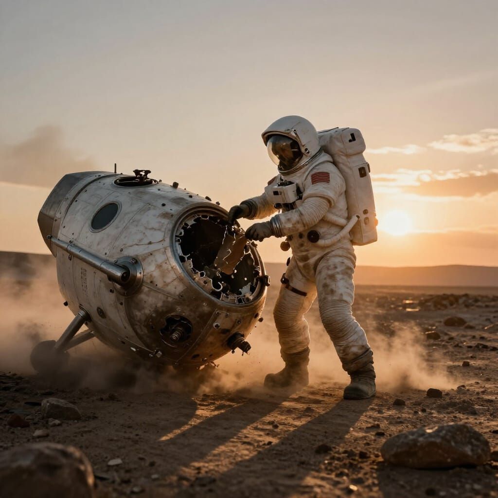 Astronaut Repairs Escape Pod on Alien Planet Under Binary Su...
