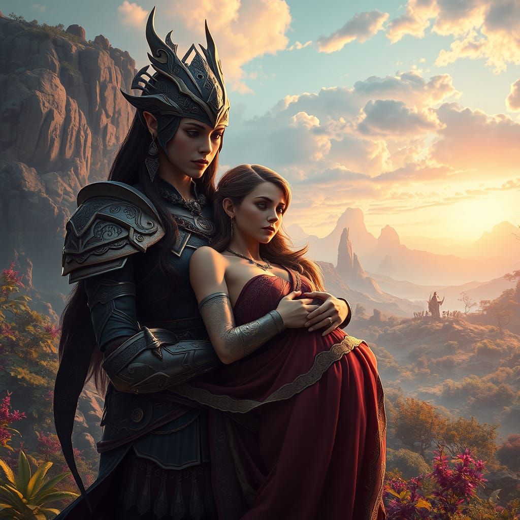 Mystical Nephilim Cradles Pregnant Wife in Whimsical Fantasy...