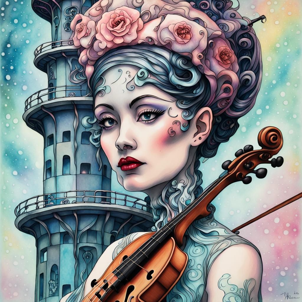 Alien Rockabilly Maiden: Surreal Art Nouveau Portrait