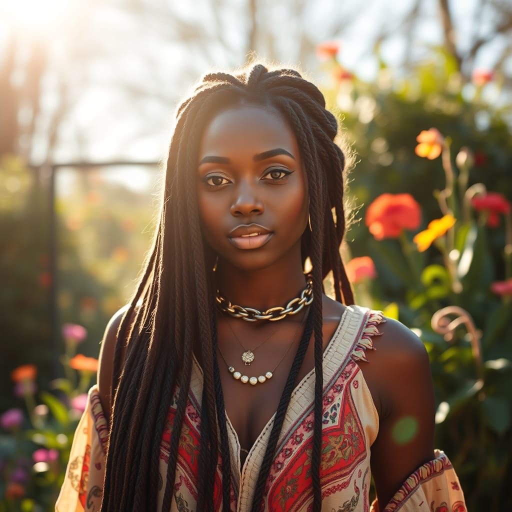 Ethereal Black Woman in Bohemian Garden